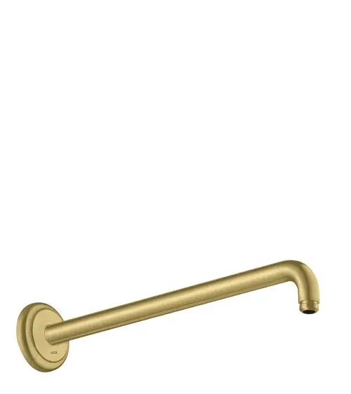 Brassfarbener Brausearm mit einer schlichten Form, angebracht an einer runden Wandplatte. Produkt von AXOR.